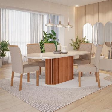 Imagem de Conjunto de Mesa Oval com Tampo de Vidro Off White Julieta e 6 Cadeiras Fernanda Linho Bege e Cinamomo