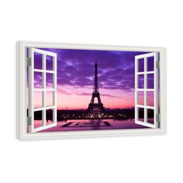 Imagem de Janela de arte de parede com impressão em tela. Vista de janela falsa. Impressão de imagem natural em tela. Arte de cenário para decoração de sala de estar. (Vista da Torre Eiffel de Paris 06