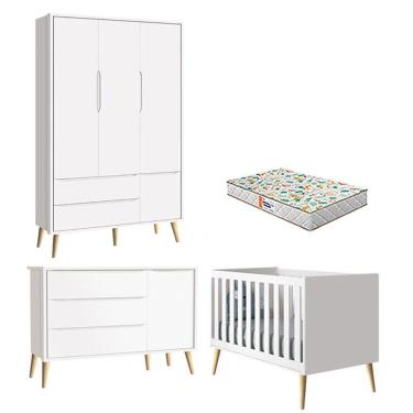 Imagem de Quarto De Bebê 3 Portas Theo Branco Pés Madeira Natural Com Colchão Gazin - Reller