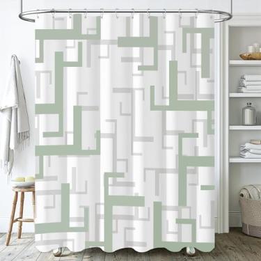 Imagem de BTTN Cortina de chuveiro de tecido verde sálvia, conjunto de cortina de chuveiro de pano geométrico com 12 ganchos de plástico, repelente de água, lavável na máquina, cortinas de chuveiro decorativas