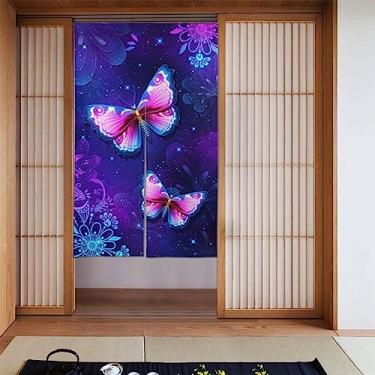 Imagem de Cortina japonesa borboleta roxa Noren cortina divisória de banheiro tapeçaria de porta tratamento de janela para decoração de casa 86 x 142 cm