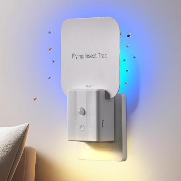 Imagem de WAYSLA Armadilha Para Moscas Interna, 2 Em 1, Armadilhas Frutas Ambientes Internos Com Luz Noturna Automática, Casa Mosquitos, E Traças (1 Dispositivo + 5 Cartões De Cola)