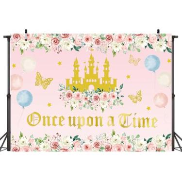 Imagem de LTDKAEN Once Upon a Time Pano de fundo rosa floral castelo de conto de fadas decoração de festa adereços para fotos de chá de bebê 2,1 x 1,5 m