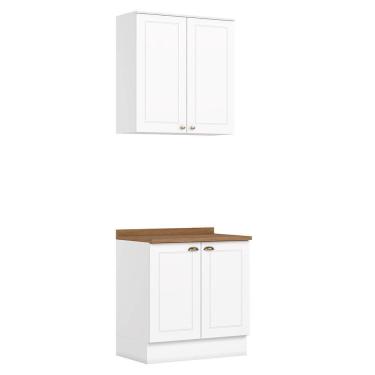 Imagem de Cozinha Modulada Americana 2 Peças Aéreo E Balcão 80cm Branco/nature Com Tampo Mdp - Móveis Henn Branco/nature