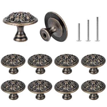 Imagem de OctinPris Puxadores de armário de cozinha estilo europeu 10x estilo antigo - puxadores redondos de gaveta vintage e cômoda - floral bronze antigo para toque rústico para armário de cômoda guarda-roupa