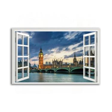 Imagem de Imagem vista de janela paisagem natural ponte de Londres à noite 3d janela vista tela impressão obras de arte bem decoração para quarto casa 80 x 128 cm emoldurado