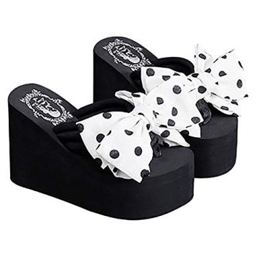 Imagem de QZUnique Sandálias femininas artesanais com flores chinelos fofos chinelos antiderrapantes de salto alto, Bolinhas com laço de salto D-11 cm, 8-8.5