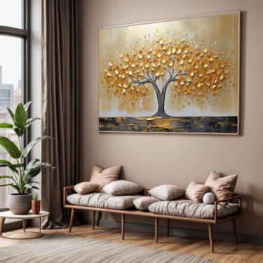 Imagem de Quadro com Moldura Sala Quarto Arvore Dourada Pintura Decorativo Horizontal Grande Hall