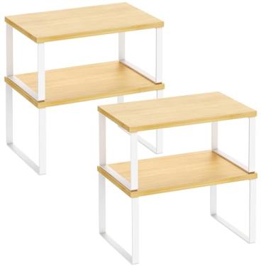 Imagem de Conjunto de 4 organizadores de armário de cozinha, prateleira organizadora de armário, prateleiras de balcão de cozinha, branco + bambu