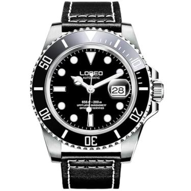 Imagem de LOREO Relógio masculino automático de aço inoxidável prateado com vidro de safira preto com bisel giratório, Mostrador preto com pulseira de couro preto prateado, Relógio de mergulho