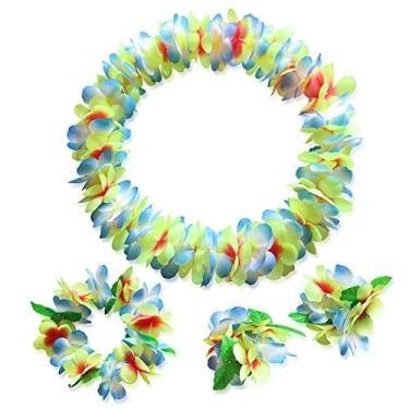 Imagem de LAYSERI Guirlandas de flores havaianas Leis jumbo colar pulseiras conjunto de faixa de cabeça, azul + amarelo