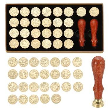 Imagem de PATIKIL Kit de selos de cera de alfabeto A-Z com 26 letras, carimbo vintage com 2 alças de madeira, caixa de presente para convite de casamento, festa, embrulho de presente, cartão de envelope, estilo