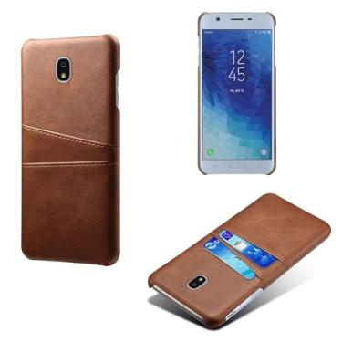 Imagem de Capas Compatível com Samsung Galaxy J7 2018,Caso de couro PU-Tampa de telefone a prova de choque com 2 slots de cartão,Proteção anti-impressão digital e anti-gota-Brown