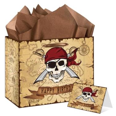 Imagem de Conjunto de sacos de presente de aniversário pirata com papel de cartão, grande saco de embrulho com tema pirata, lembrancinhas de festa de pirata para crianças, sacolas temáticas de brindes de