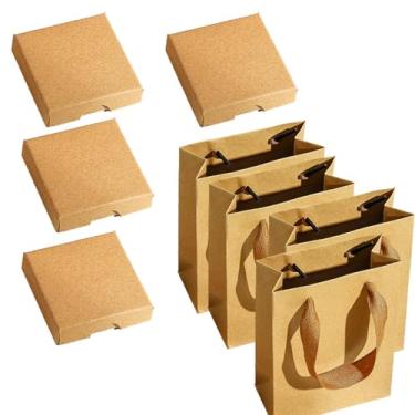 Imagem de 4 caixas de presente de joias com sacos de presente quadrados de papelão caixa de presente Kraft pingentes caixas de exibição de colar caixa de presente com tampas para anéis, brincos, pingentes