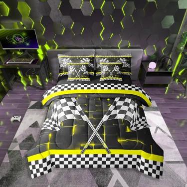 Imagem de Erosebridal Jogo de cama solteiro com bandeira de corrida para meninos e homens, conjunto de edredom com tema de carro de corrida, edredom quadriculado amarelo brilhante, xadrez preto e branco