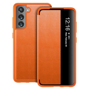 Imagem de Capa flip para Samsung Galaxy S21 FE Capa S View, fosco translúcido, transparente, fólio, 360 graus, capa protetora para celular para Samsung S21 FE, capa flip de luxo para Samsung S21 FE (laranja)