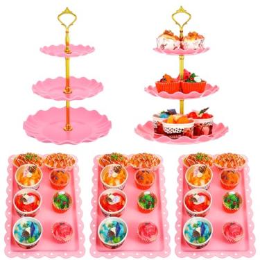 Imagem de Sibba Conjunto de 5 peças, suporte redondo para cupcake de sobremesa, 3 camadas, torre, biscoito, sobremesa, bandeja de torre de servir cupcake, suporte de bolo de pastelaria, para chá de aniversário
