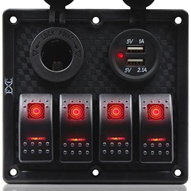 Imagem de FXC Painel de interruptor de balancim para barco à prova d'água 4 gangues com duplo soquete USB + isqueiro de cigarro luz LED para carro veículos Rv caminhão (4 gangues luz vermelha)