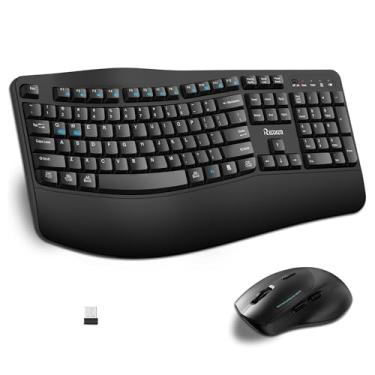 Imagem de Combo de teclado e mouse sem fio, teclas onduladas de tamanho completo, teclado ergonômico de 2,4 G com descanso de pulso para digitação natural, mouse silencioso ergonômico ajustável de 3 DPI para