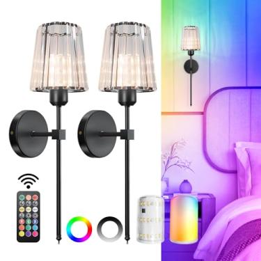 Imagem de FNHMSL Conjunto de duas arandelas de parede de cristal operadas por bateria, lâmpada de parede preta sem fio com persianas de cristal, lâmpadas LED recarregáveis, regulável em 12 cores, controle