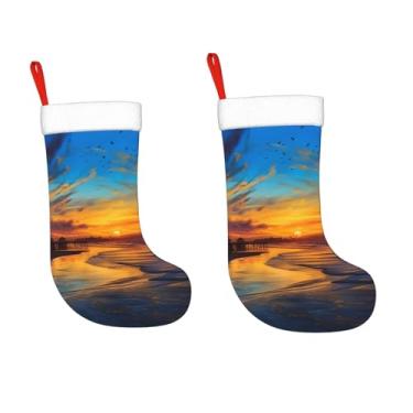Imagem de LZQPOEAS Meias de Natal Personalizadas para Feriado Azul Anoitecer Dourado Pôr do Sol 45,7 cm Meias de Natal para Decoração de Natal, Decoração de Natal, Meias para Lareira