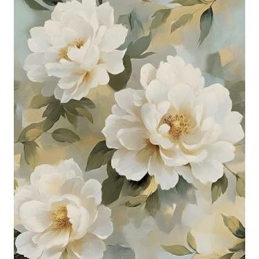 Imagem de Papel de parede floral branco descascar e colar, papel de contato peônia bege/verde, papel de parede de flores em aquarela moderno, autoadesivo, à prova d'água, removível para prateleiras de quarto de