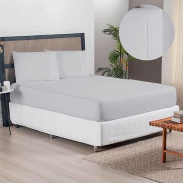 Imagem de Jogo de Lençol Casal Queen 300 Fios Em Poliéster Kit 3 Peças Lençol De Elástico + 2 Fronhas Com Ponto Palito (Jogo De Lençol Cinza)