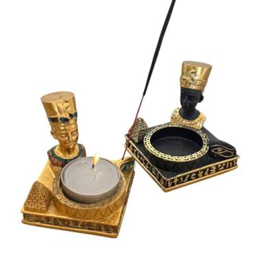 Imagem de Kit 2 Incensário Castiçal Vela Faraó Bastet Nefertiti Resina (Nefertiti)