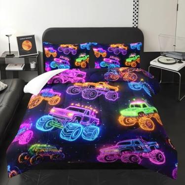 Imagem de XYNHML Conjunto de cama de carro de corrida off-road neon colorido, 3 peças, para crianças, adolescentes, meninas, meninos, adultos, automotivo, esportes radicais, decoração de cama com 1 edredom e 2