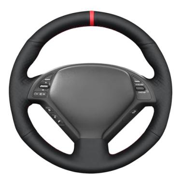 Imagem de MEWANT Capa de volante de couro sintético em relevo liso preto costurado à mão para Infiniti G25 G35 G37 EX35 EX37 Q60 QX50