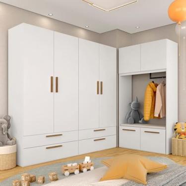 Imagem de Guarda Roupa Infantil 8 Pts 4 Gav E Puff Baú Joy Bco/frei/l.bege - M.a Branco/freijó/linho Bege