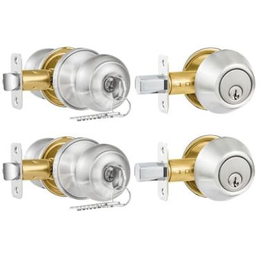 Imagem de Plustool Conjunto de 2 unidades de fechadura de porta de entrada e fechadura de cilindro único, maçanetas externas com chave semelhante a níquel acetinado com fechadura e chaves, fechaduras de porta