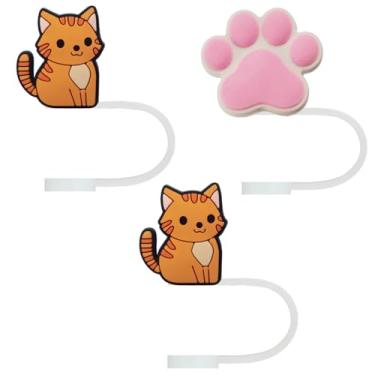 Imagem de STRACOUPI Tampa de palha de silicone para gatos laranja para copos Stanley, acessório decorativo reutilizável, pacote com 3