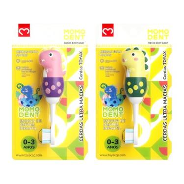 Imagem de MOMODENT Escova de Dentes Infantil para 0-3 Anos Bebe, Dinossauro, Cabo de Silicone Macio, Cabeça Macia, Limpeza Suave (Amarelo+Rosa(2 unidades))