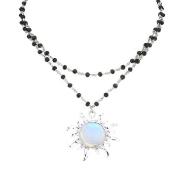 Imagem de Vanesseva Colar feminino com pingente de girassol com contas de dupla camada – joia de cristal celestial boho, colar de sol de pedra colorida, estilo hippie gótico bruxo, opala e pedra da lua, Zinco