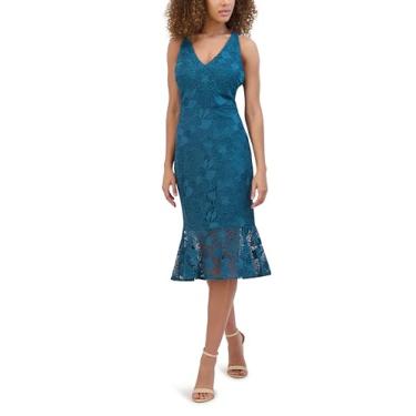 Imagem de Siena Vestido midi feminino, sem mangas, frente única, decote em V, renda floral, acabamento transparente, Azul-petróleo, 50
