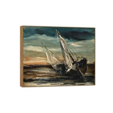 Imagem de BMZFYBS Pôster e impressões de arte famosa da paisagem - Imagem de decoração de parede em tela - Barcos encalhados - Pintura de moldura de madeira para casa 50 x 60 cm 20 x 24 pol