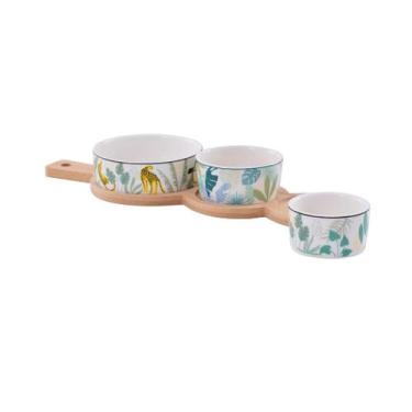 Imagem de Conjunto Petisqueira Porcelana 3 Peças c/ Bandeja Bambu - Wincy