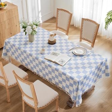 Imagem de Ohocut Toalha de mesa quadriculada com borla azul xadrez toalha de mesa bonita estética retangular capa de mesa para cozinha, sala de jantar, piquenique, lavável, sem rugas, tecido de linho de algodão