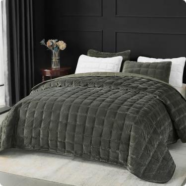 Imagem de Fleeco Jogo de cama queen de veludo verde-oliva luxuoso, tamanho Queen, 236 x 236 cm, edredom ultramacio com 2 fronhas combinando, para todas as estações