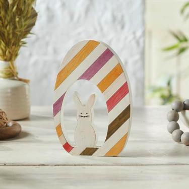 Imagem de VHC Brands Bunny Hop Coelhinho MDF em ovo listrado 14 x 20, decorações de Páscoa, decoração de casa e mesa, estatuetas de primavera e Páscoa