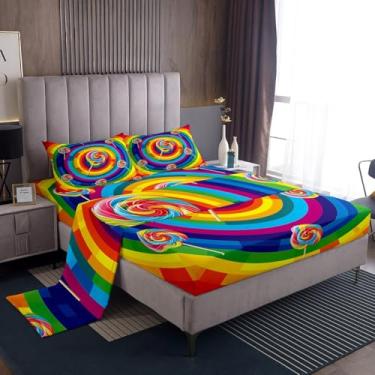 Imagem de Jogo de lençol infantil com estampa de pirulito colorido, arco-íris doce, decoração de quarto de meninos e meninas, 4 peças (elástico + plano + 2 fronhas)