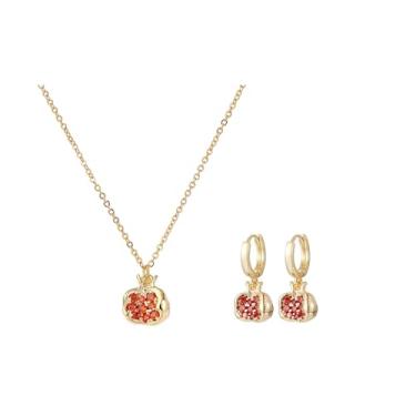 Imagem de Colar de romã e fruta, brincos de argola, banhado a ouro, doce embutido, frutas vermelhas, morango, chique, strass, cristal, charme, conjunto de joias para mulheres, verão, praia, feriado, festa de