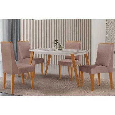 Imagem de Conjunto Sala de Jantar Havana c/ Tampo Madeirado c/ Vidro Canto Curvo 120x80cm e 4 Cadeiras Dakota Madeira Maciça Naturale/Off White - Capuccino/Linh