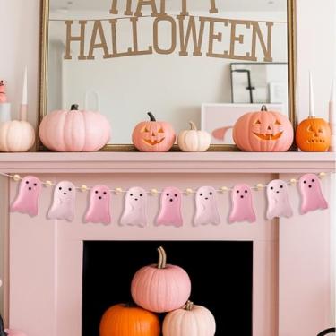 Imagem de Cinnvoice Guirlanda de fantasma de Halloween de 2,5 m, faixa de feltro rosa fofa com contas de madeira, decoração 3D fofa para pendurar no dia das bruxas para lareira, manto de parede, decoração de