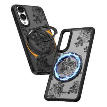 Imagem de Uppuppy Capa para Samsung Galaxy S25 Edge com anel magnético rotativo de 360° - compatível com MagSafe, material semitransparente de toque suave, à prova de choque, design de flores de arte de linha