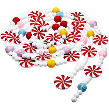Imagem de Guirlanda de contas de madeira de Natal, guirlanda de doces, guirlanda vermelha e branca de hortelã-pimenta com contas e guirlanda de árvore de Natal para artigos de festa de Natal, lembrancinhas de feriado, 2,5 m