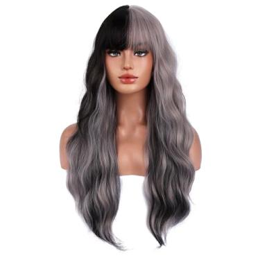 Imagem de BERON Peruca feminina preta e cinza escuro ondulada longa ondulada com franja para meninas, dois tons, ondulada, resistente ao calor, para festa à fantasia de cospaly, dia a dia