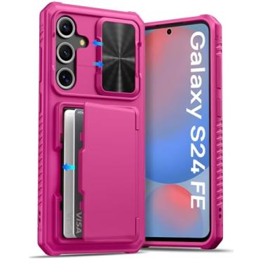 Imagem de ATATOO Capa para Samsung Galaxy S24 FE, suporte de cartão integrado (loja de 4 a 5 cartões) e protetor de câmera deslizante, proteção de nível militar, linda capa carteira de silicone feminina para